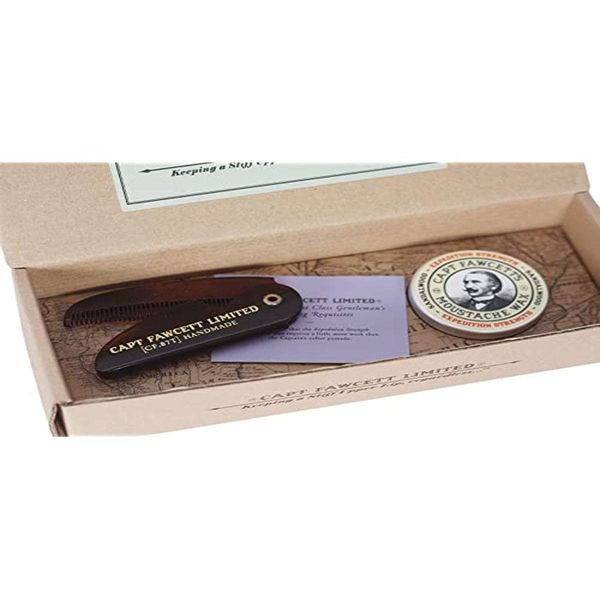 Captain Fawcett's Moustache Wax (Expedition Strength) & Folding Pocket Moustache Comb (CF.87T) Gift Set - Made in England