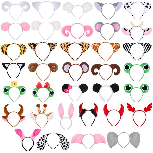 35Pcs Animals Ears Headbands Zoo Jungle Animal Cat Ears Hair Hoop Bunny Tiger Leopard Costume Decoration Safari Party Supplies Favor