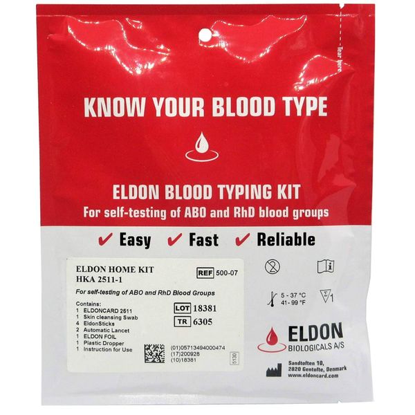 EldonCard Blood Type Test (Complete Kit) - Air Sealed Envelope, Safety Lancet, Micropipette, Cleansing Swab, Red, 504-18