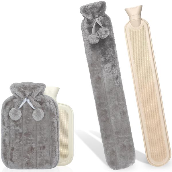 Crystals 2L Fluffy Hot Water Bottle with Cover, Hot Water Bag for Pain Relief, Two Pom Pom Cosy Faux Fur Warm Water Bottle - Slate Grey (Both)