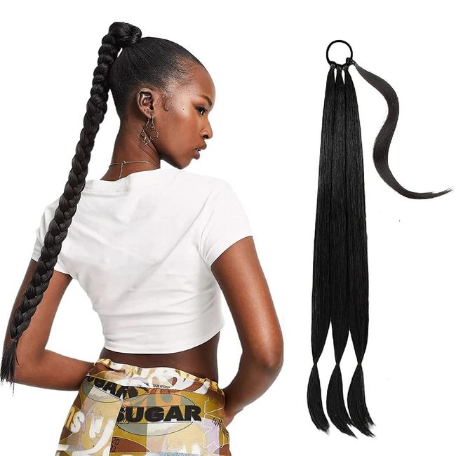 1 PCS Braid Extensions,Pferdeschwanz Verlängerung mit Haargummi,Zum Einflechten Lang Ponytail Haarteil für Frauen,Schwarz