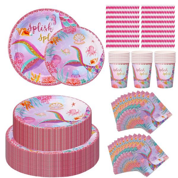 Mermaid Birthday Party Supplies Plates and Napkins Set for 24 Guests, Mermaid Tableware Set Includes 9''&7'' Paper Plate,Cup,Napkin,Straw, Mermaid Party Decorations (Mermaid Set)