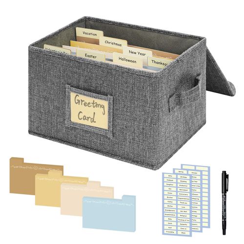 Remowith Greeting Card Organizer, Card Organizer Box with 20 Dividers, 84 Label Stickers, and 1 Marker, Stylish Greeting Card Storage Box for Effortlessly Collecting Greeting Cards. 1 Pack, Grey