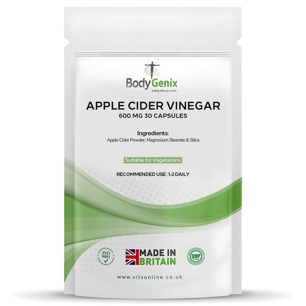 BodyGenix Apple Cider Vinegar - 600mg ACV Probiotic Digestion Antioxidant Immune Weight Management Support - 30 Capsules Natural Food Supplement 1 Month Supply