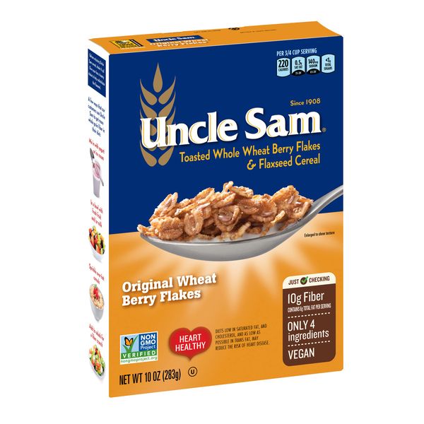 Uncle Sam Original Wheat Berry Flakes Cereal, High Fiber, Whole Grain, Non-GMO Project Verified, Kosher, Heart Healthy, Vegan, 10 Oz Box (Pack of 12)