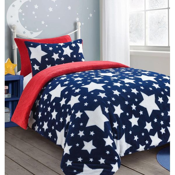 NIGHTZONE Teddy Star Fleece Duvet Cover Set Soft Cosy Warm Kids Star Teddy Bear Bedding Set (Navy & Red, Single)