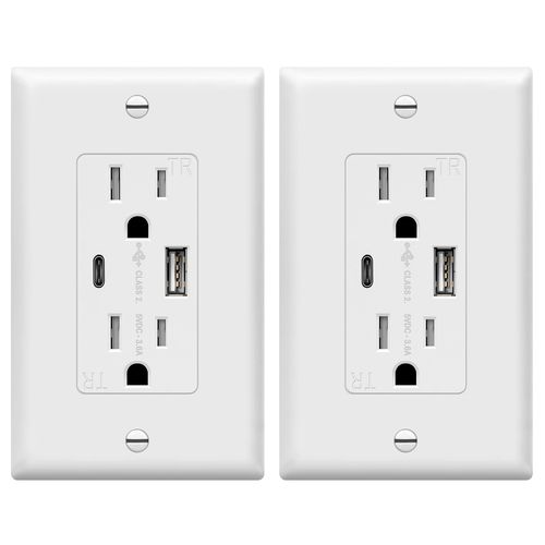 TOPGREENER USB Outlet, Type C USB Wall Outlet, 15 Amp Tamper Resistant Receptacle Plug, Charging Power Outlet with USB Ports, Wall Plate Included, UL Listed, TU21536AC-W-2PCS, White, 2 Pack