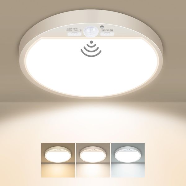 slochi LED Ceiling Light with Motion Sensor, 3000K-4000K-6500K & 100W Equivalent Motion Sensor Lights Indoor, 15W 1500LM 18cm Bathroom Ceiling Light for Bath,Porch,Stairs,Garage