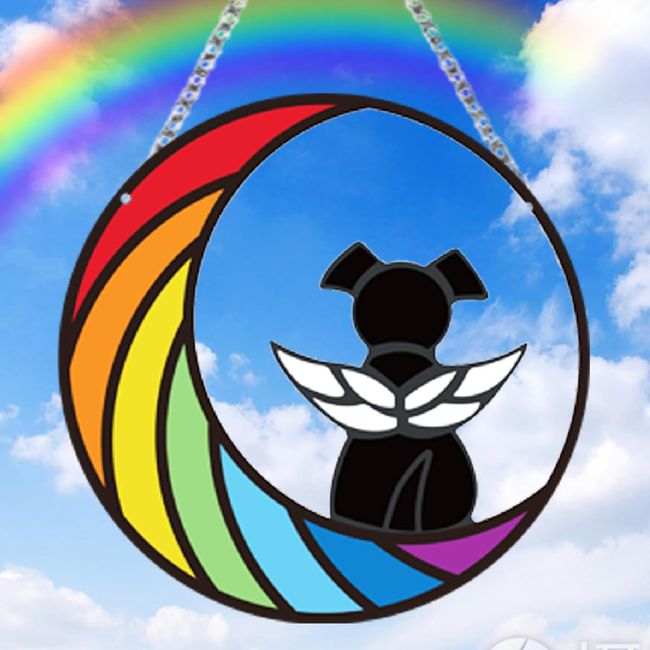 Stained Glass Dog Memorial Gifts for Loss of Dog Suncatcher, Black Angel Dog on Blue Moon Dog Beverage Suncatcher Ornaments Decor Window Wall Sympathy Gift for Dog Lover