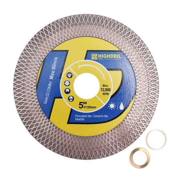 HIGHDRIL Tile Diamond Saw Blade Cutting Disc Wheel 5"/125mm for Dry/Wet Cutting & Grinding Porcelain Granite Marble Ceramic Artificial Stone