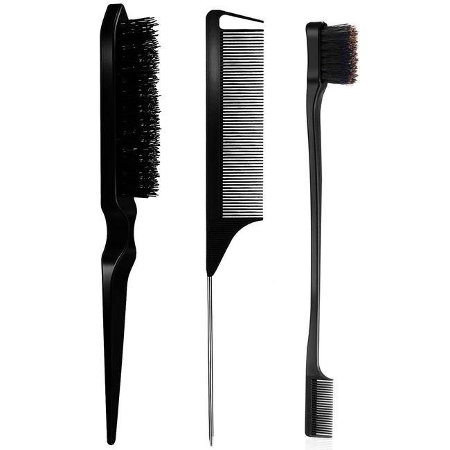 3 Pieces Teasing Brush Set Bristle Hair Brush 3 Row Teasing Brush Dual Edge Brush Sturdy Styling Comb Parting Comb for Brushing, Combing, Slicking Hair for Stylist Women (Black)