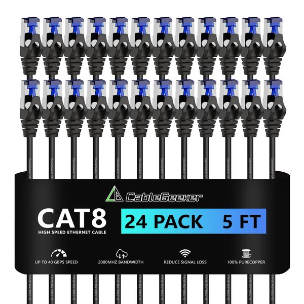 CableGeeker Patch Cables Cat8 5ft 24 Pack Slim, Cat8 Ethernet Patch Cable 40G 2000MHz Support, Snagless RJ45 Cat 8 Patch Cable for Patch Panel to Switch, Flexiable Network Cable - 5 Feet Black