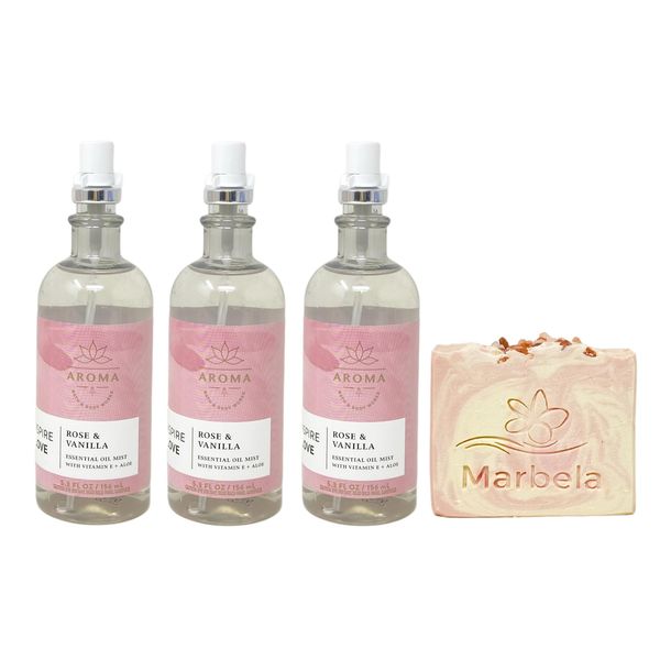 Bath & Body Works Aroma Inspire Love ROSE + VANILLA 3 Pack Essential Oil Mist Set with a Himalayan Salts Springs Bar Soap - Full Size