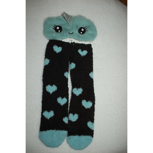 Womens FUZZY SLEEP EYE MASK & COZY SOCKS Black Teal UNICORN HORN Hearts ONE SIZE