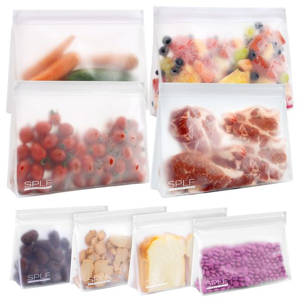 SPLF 8 Pack Dishwasher Safe Reusable Storage Bags (4 Half Gallon Freezer Bags, 4 Quart Sandwich Snack Bags), BPA FREE Stand Up Extra Thick Leakproof Silicone and Plastic Free Zipper Lunch Food Bags