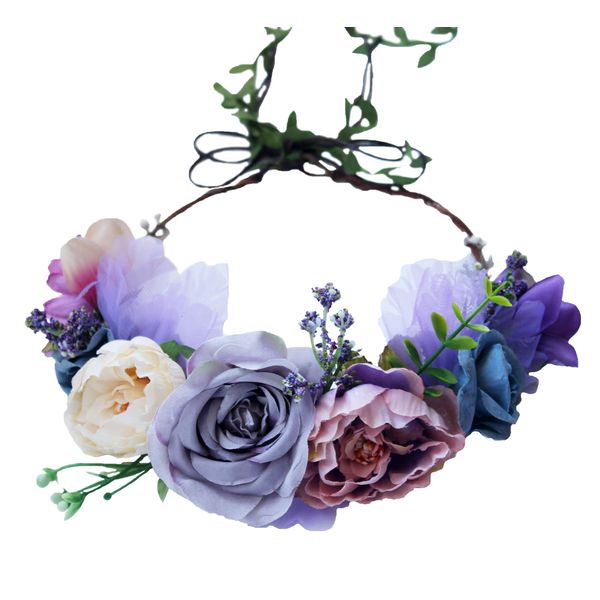 LLinfflr Boho Flower Crown Flower Garland Headband Hair Wreath Floral Halo Headpiece with Ribbon Wedding Party Lavander