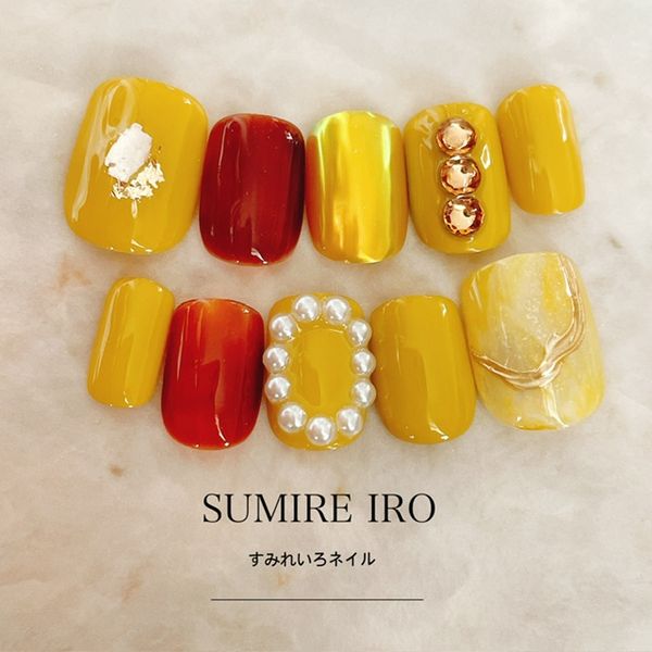 Nail tips False nails Bridal nails Short Coming-of-age nails Design Simple nails Nail Beige nails Small nails Large nails Very short Chibi nails Adult nails False nails Custom nails<br> [o2198] Yellow mustard surround pearl marble clear brown mirror