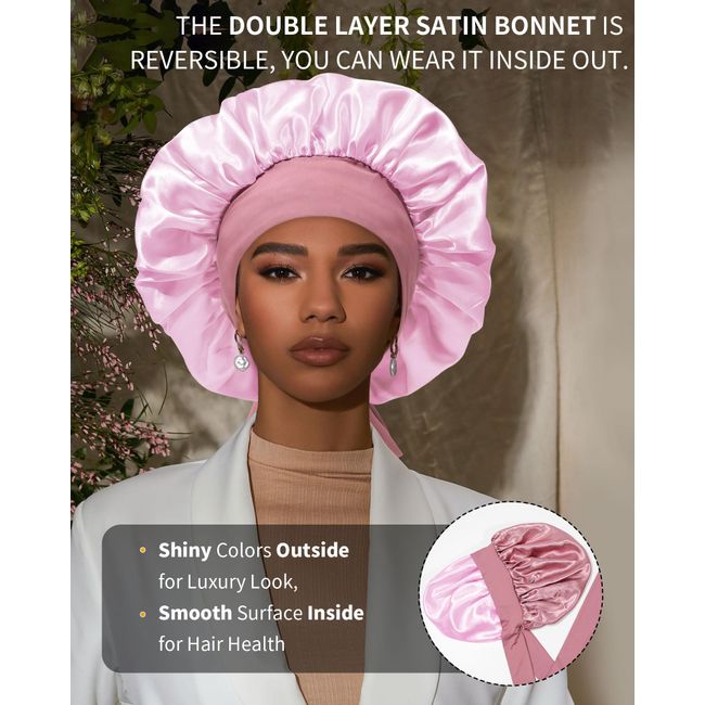 AWAYTR Satin Bonnet Silk Hair Bonnets for Women Curly Hair Wrap for Sleeping Cap Reversible Bonnet with Tie Band Night Cap