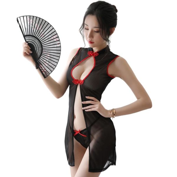 Cheongsam Kleid für Frauen Sexy Cosplay Dessous Kleid Teddy Babydoll Nachthemd Japanischer chinesischer und koreanischer Stil, Schwarz #1, EinheitsgröÃŸe