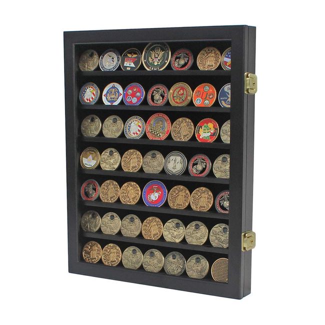 DisplayGifts Military Challenge Coin Display Case Rack Sport Pin Medal Poker Chip Cabinet Stand Black Finish