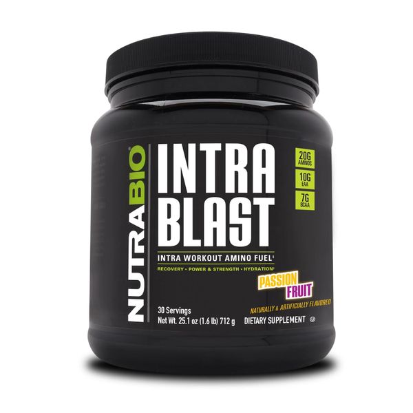 NutraBio Intra Blast and Pre-Workout Powder - Advanced Electrolyte Performance Drink - Amino Acid Recovery, EAA/BCAA Formula - Non-GMO and Gluten Free - Passion Fruit - 30 Servings