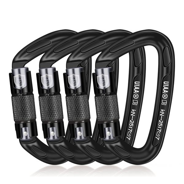 BEIFENG Auto Locking Carabiner 25KN Climbing Carabiner Large Carabiner Clip Obtained UIAA Certification Heavy Duty Carabiners Suitable for Rock Climbing, Camping, Gym,Rescue Black (Black&Silver-4PCS)