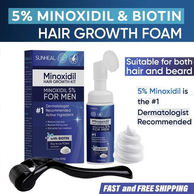 5% Minoxidil Foam for Men Hair Regrowth with Biotin Roller - Brush (1 Month)