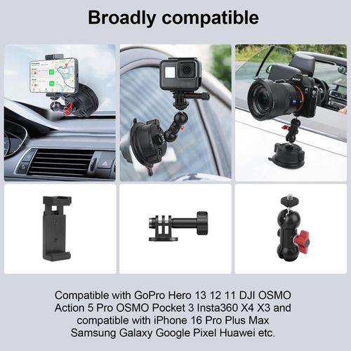 Mechrig Suction Cup Car Mount with Phone Holder,360°Adjustable for Action Cameras & Smartphones,Windshield,Dashboard,Boat Mount for GoPro Hero 13/12/11/10,DJI OSMO Action,Insta360 X4/X3,and More