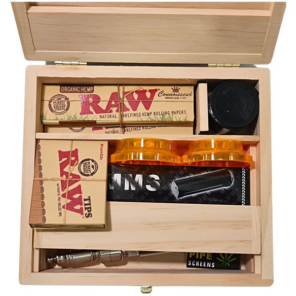 Zactly Exclusive 9 in 1 Smokers Wooden Rolling Box Kit Collection with King Size Raw Papers + Roach, KS Rolling Machine, Pre-Rolled Tips, Mini Plastic Storage Box, Crusher, Smoking Pipe & Steel Mesh