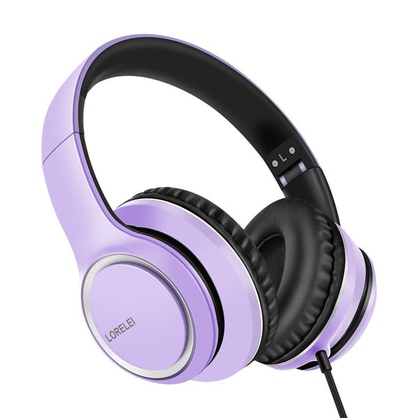 LORELEI X8 Over-Ear-Kopfhörer mit Mikrofon mit 1,45 m verwicklungsfreier Nylonschnur und 3,5-mm-Stecker, leicht, faltbar und tragbar, für Smartphone, Tablet, Computer, MP3/4, Dunkelviolett