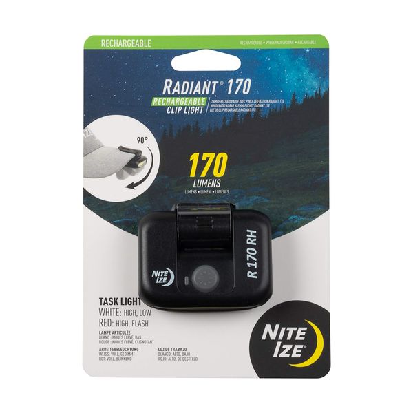 Nite Ize Radiant 170 Rechargeable Clip Light - Rechargeable Headlight for Hiking, Camping & More - Adjustable Headlamp for Hats & Straps - 170 Lumen Light - Black