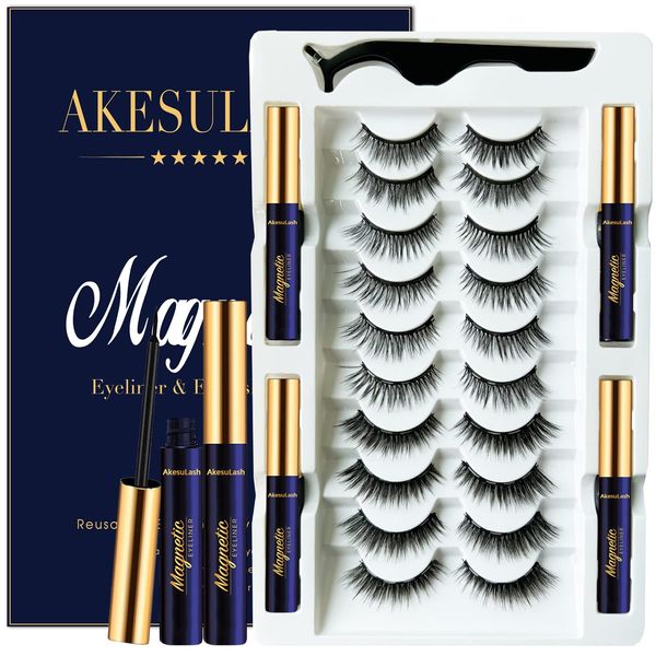 AkesuLash Magnetic Eyelashes - Magnetic Lashes with 4 Tube of Magnetic Eyeliner - 10 Pairs Magnet False Eye Lashes Kit with Applicator - Natural Look Easy to Apply