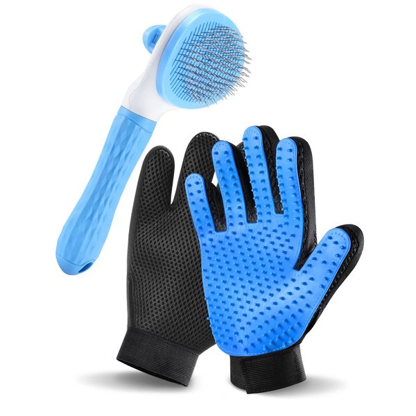 Cat Grooming Glove Brush, RIFNEEIM Pet Deshedding Glove with Self Cleaning Slicker Brush, Efficient Pet Hair Remover Massage Tool with Enhanced Five Finger Design for Cat Dog