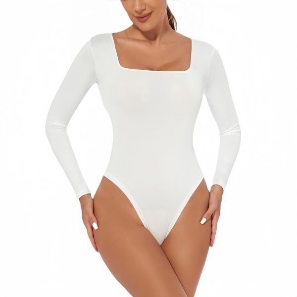 WinsGreat Women's Long Sleeve Bodysuit, Square Neck, Leotard, Thin Top, Jumpsuit, Body Shaper, Innerwear, Slimming, Stretchy, Breathable, Beautiful Chests, Clubwear, white