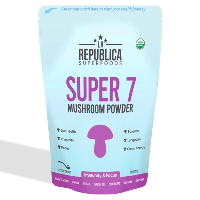 La Republica Super 7 Mushroom Extract Powder 8oz Bag -Lion's Mane, Chaga, Reishi