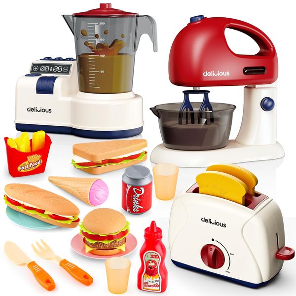 deAO Play Kitchen Appliances Toy Set with Blender, Mixer,Toaster and Play Food,Kids Kitchen Accessories Pretend Play Kitchen Toys Playset with Sounds for Kids Ages 3+