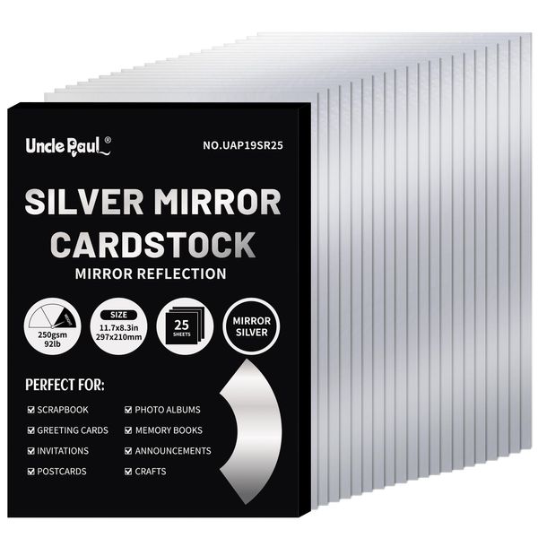 A4 Sliver Mirror Cardstock Paper, 25 Sheets 250gsm/92Ib Metallic Reflective Paper for Crafts DIY Projects Birthday Wedding Decoration Gift Wrapping UAP19SR25