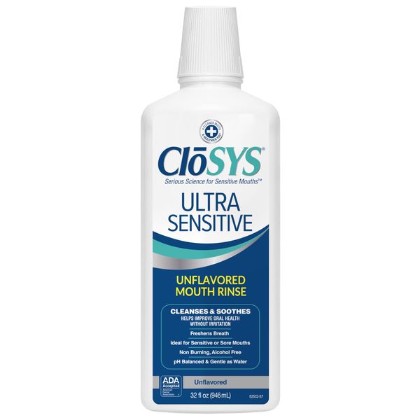 CloSYS Ultra Sensitive Mouthwash, Unflavored Alcohol Free, Dye Free, pH Balanced, Helps Soothe Entire Mouth – 32 Oz