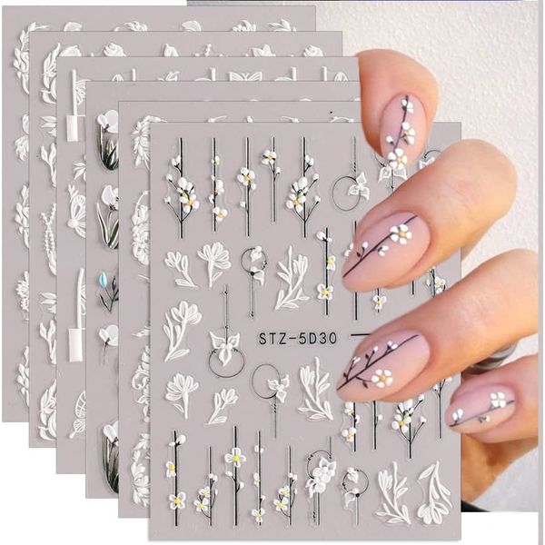 Nagelsticker Selbstklebend, 6 Blatt 5D Nail Art Sticker, Blumen Nagelaufkleber, 5D Stereoskopisch Nagelsticker Nagel Stickers Nageldesign Nagelfolie Selbstklebend Nagelfolien für DIY Nagel Dekoration