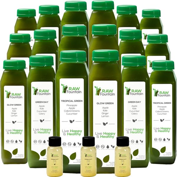 Raw Fountain 5 Day Green Juice Cleanse, All Natural Raw, Vegan Detox, Cold Pressed Juices, 30 Bottles 12oz, 5 Ginger Shots