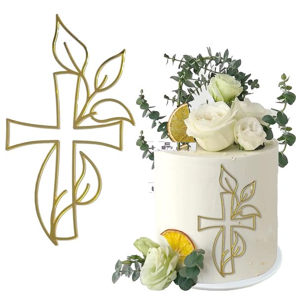 WOOXDYUK 1 Stück Kuchendeko Kreuz Cake Topper Taube Gold Acryl Torte Deko, Schillernder Spiegeleffekt für Hochzeit, Geburtstag, Weihnachten, Party & mehr, Kreuz und Blätter