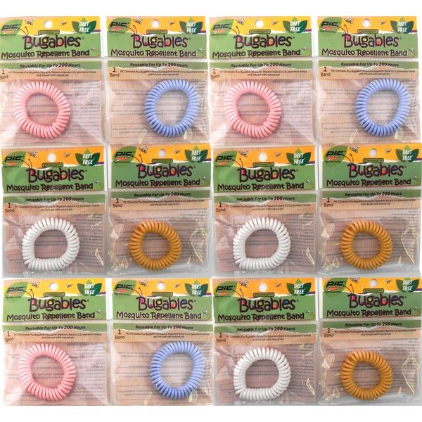 12 Colorful BUGABLES Bug Insect Mosquito Repellent Repelling Spiral Bracelet Wristband Ankle Band. DEET Free Non-Toxic. Citronella + Reusable for Up to 200 Hours.