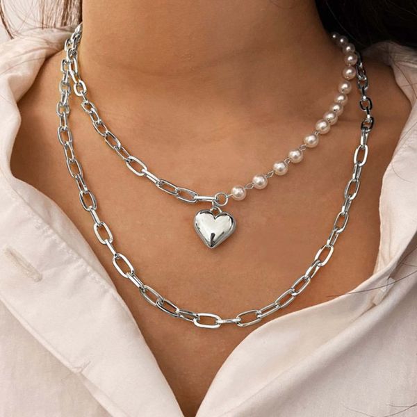 YienDoo Boho Layered Pearl Choker Necklace Chain Vintage Silver Heart Pendant Cuban Chain Necklace Rock Statement Pearl Heart Necklace Asymmetrical Pearl Strand Necklace Jewelry for Women and Girls