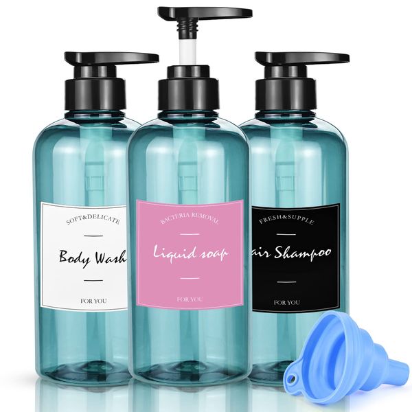 3 Pack 500ml/17oz Empty Shampoo Bottles Soap Dispenser Bottle Refillable Plastic Lotion Pump Bottles with Silicone Funnel & Labels Shampoo & Conditioner Blue Pump Bottle for Bathroom & Kitchen