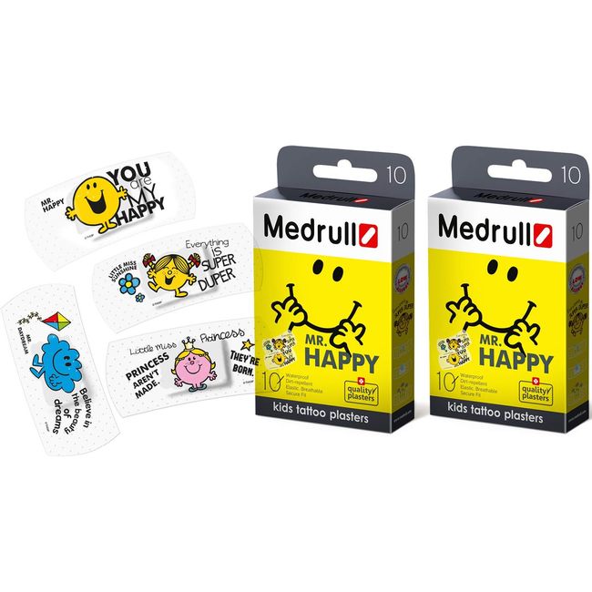 Medrull Transparent Waterproof Plaster Mr Happy | First Aid Set: 2 Boxes (2x10), Plaster Size 25 х 57 mm, Individually Packed