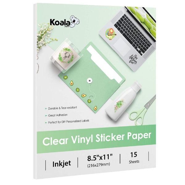 Koala 95% Clear Sticker Paper for Inkjet Printer - Waterproof Clear Printable Vinyl Sticker Paper - 8.5x11 Inch 15 Sheets Transparent Glossy Sticker Paper for DIY Personalized Stickers, Labels, Decals