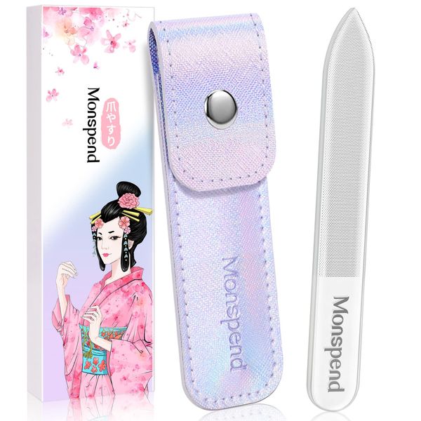 Monspend Nail Polish, Nail File, High Quality, Popular, Glass, Washable, Nail Sharpener, Nail Polish, Nail Care, Nail Shiner, Shiny Leather Cover Packaging (Straight Type - Nail File)