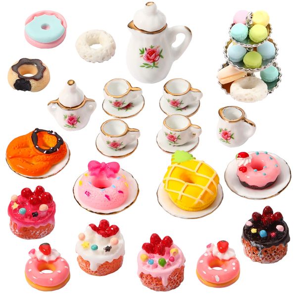 40 Pcs 1:12 Scale Dollhouse Miniature Kitchen Accessories Set Includes 15 Flower Pattern Porcelain Tea Cup 24 Mixed Pretend Cake Foods 1 Mini Three-Tier Cake Stand for Decor Supply (Sweet Style)