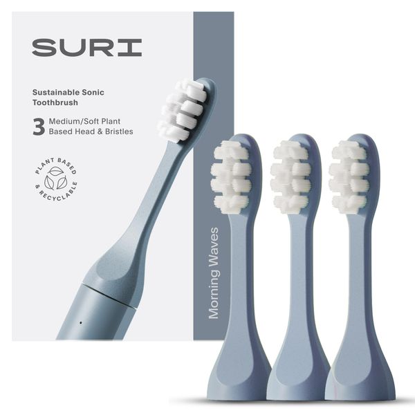 SURI Recyclable Plant-Based, Electric Toothbrush Heads - Built-in Tongue Scraper, Long Lasting Replacement Heads | Compatible Only with SURI Sonic Electric Toothbrush - Morning Waves, Pack of 3