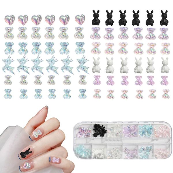 Bear Nail Charms, Aurora Teddy Bear Nail Art Charms Cute 3D Heart Deer Rabbit Bowknot Nail Rhinestones Gems Nail Art Decorations Accessories (Aurora)